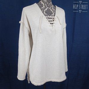 UMGEE Sweatshirt Top Lace Up Front Fringe Edged M